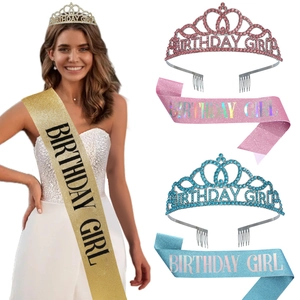Birthday Girl Crown Tiara And Sash Alloy Rhinestone Headband For Women Girl Birthday Party Decorations Accessories