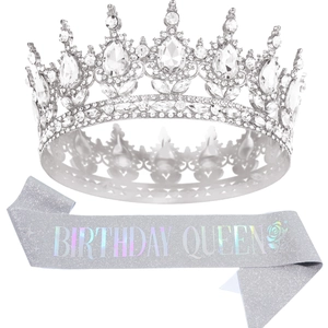 Set corona e fascia glitter Birthday Queen color argento per decorazioni festa donna