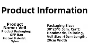 Detailed specifications for bride veil showing 60x20cm size and nylon material details