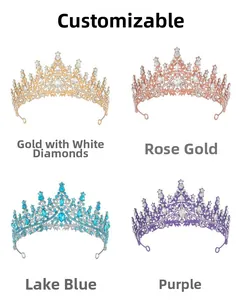 Détail de quatre couronnes de mariée en or, or rose, bleu lac et violet avec cristaux