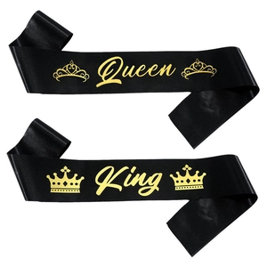 Eleganti fasce da festa King e Queen in raso nero con scritte in oro per celebrazioni