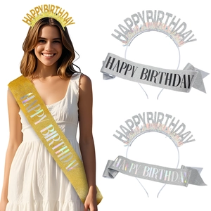 Ensemble serre-tête pailleté Happy Birthday et écharpe pour fête en doré et argenté