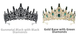 Détail de couronnes de mariée luxe en noir fusil avec pierres noires et or avec cristaux verts