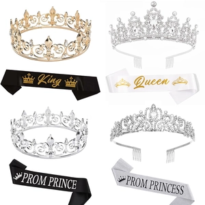 Crystal Rhinestone Crown And Satin Sash King Queen Prom Prince Princess Birthday Party Decorations Accessories For Men Women