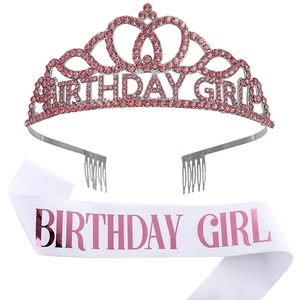 Silver birthday crown with pink rhinestones and white satin sash for birthday girl party