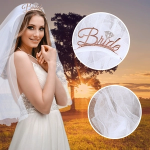 Rose gold Bride tiara crown with white tulle wedding veil set for bridal shower party