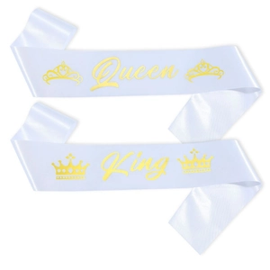 Set di fusciacche King e Queen in raso bianco con scritte dorate per feste eleganti
