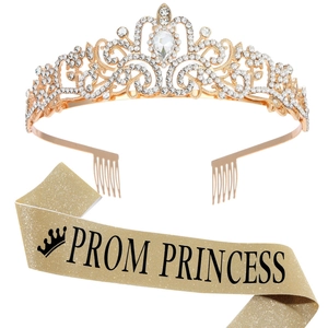 Golden crystal crown with PROM PRINCESS sash for formal dance and party decoration