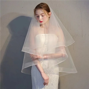 Elegant double-layer bridal veil in pure white satin tulle with wide-edge trim design