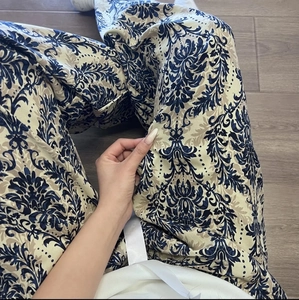 Pantalones de pijama de algodón para mujer con diseño de damasco azul y textura suave