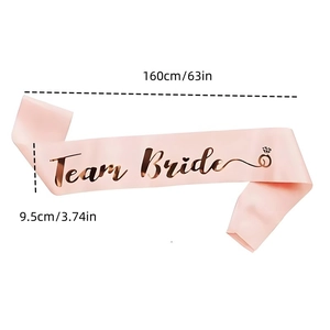 Pink satin Team Bride sash detail with rose gold text and dimensions 160cm x 9.5cm