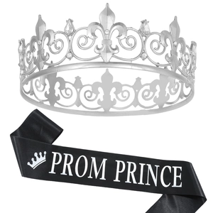 Silver crystal crown with Prom Prince black satin sash set for party celebrations