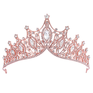 Elegant rose gold crystal wedding crown with intricate filigree and sparkling rhinestones