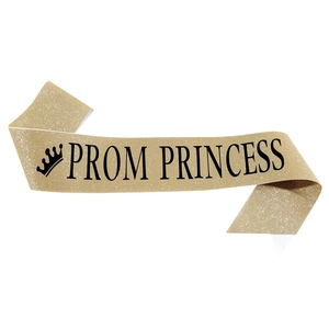 Golden glitter Prom Princess sash with black crown lettering for party decoration