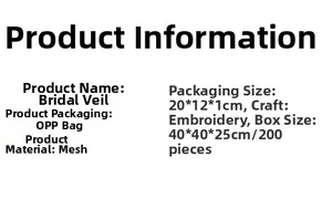 Detailed view of white bridal veil specifications and dimensions in 20 by 12 by 1 cm packaging