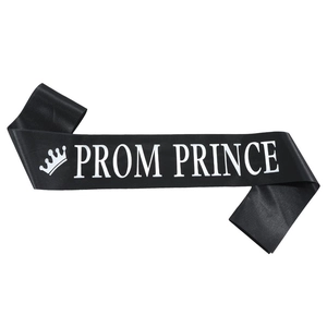 Elegant black satin Prom Prince sash with white lettering and crown icon for party events