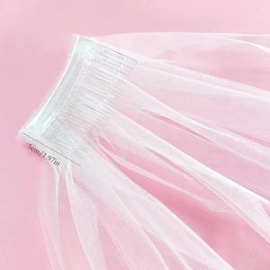 Elegant white double-layer bridal veil with 5cm clear hair comb on pink background