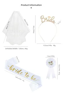 Detailed dimensions of bridal shower set including veil, tiara, sash and rosette