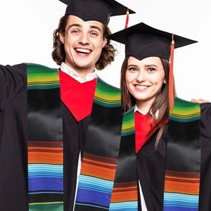 Black satin graduation stole with colorful Mexican serape patterns and vibrant fringes
