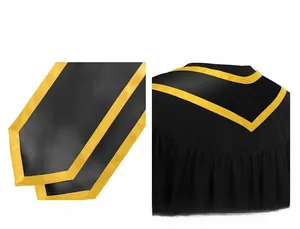 Detail view of double-stitched yellow satin trim on black graduation stole fabric