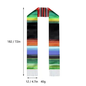 Rainbow Mexican serape graduation sash with colorful stripes and white tassel trim