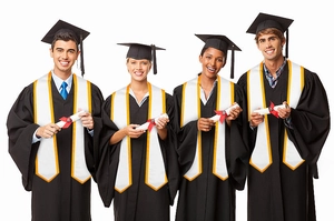 Detailed view of white graduation stole with orange border worn by multiple students