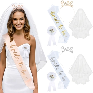 Bachelorette Party Set Bride To Be Satin Sash Rhinestone Headband Double Layer Mesh Veil Badge For Wedding Hen Party Women