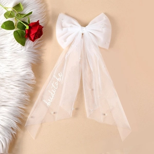 Barrette à Cheveux Nœud en Maille pour Mariée Avec Fausses Künstliche Perles Et Inscription Bride To Be Ruban Blanc Noir pour Mariage