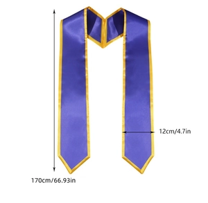 Detail view of 67 inch purple graduation stole with gold trim and exact dimensions