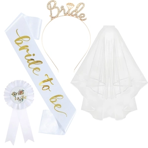 Elegant 4-piece white and gold Bride To Be set with veil, tiara, sash, and badge