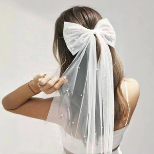 Elegant Bridal Veil Hair Bow With Long Tulle Ribbon And Faux Artificial Pearl Inlaid Wedding Hair Clip For Women Party Headpiece