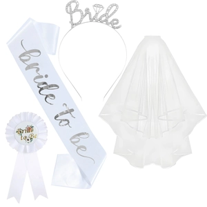 Detail of Bride to be bachelorette kit including sash, rhinestone headband, veil, and badge