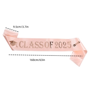 Detail view of Class of 2025 rose pink satin graduation sash with size measurements