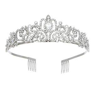 Detailed macro view of the silver alloy bridal tiara with sparkling crystal patterns