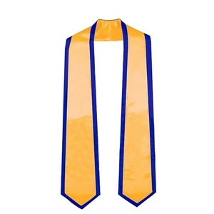 Golden graduation stole with blue trim edges in a standard 72-inch V-shape design