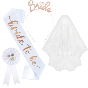Detailed set of white bridal veil, rose gold Bride headband, sash and bachelorette badge
