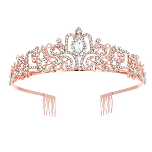 Detailed view of rose gold birthday crown with sparkling white crystals and pear-cut stone