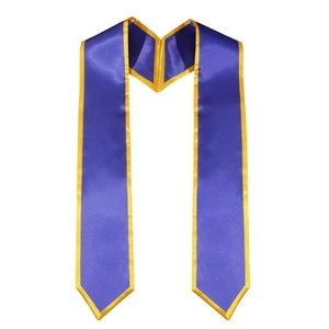 Close-up of premium purple satin graduation stole with elegant gold trim and pointed ends