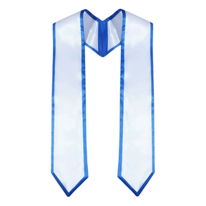 Detail of 72-inch graduation stole in white satin with bright blue border trim