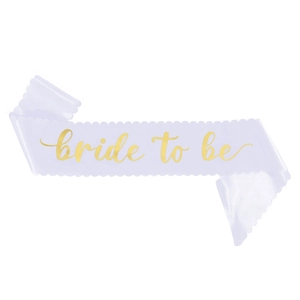 White scalloped edge bride to be sash with gold foil lettering for bridal party