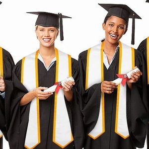 72-inch graduation stole in white satin with gold trim for ceremony gowns and honors