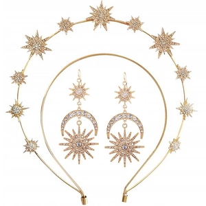 Baroque Sun Moon Star Jewelry For Women Alloy Rhinestone Headband And Dangle Earrings Bohemian Party Wedding Accessories