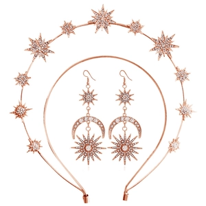 Baroque rose gold star and moon headband and dangling earrings set with crystals