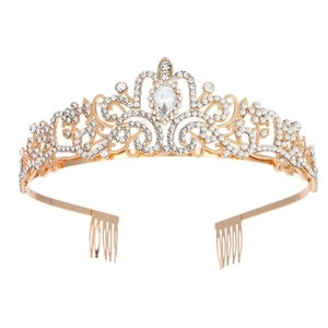 Golden crystal birthday crown for women with sparkling rhinestones and teardrop centerpiece