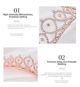 Close-up of rose gold bridal crown with high-quality AAA rhinestones and zinc alloy plating