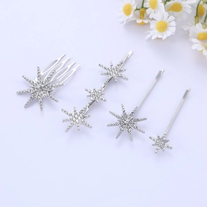 Macro detail of silver star hair clips set with sparkling rhinestones and floral accents