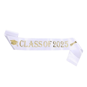 Detailed view of Class of 2025 graduation sash with gold foil lettering and icons
