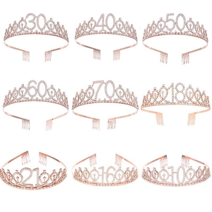 Rose gold birthday crown set with rhinestone age numbers 10 to 70 for party decor