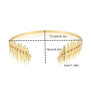 Détail du serre-tête en alliage doré avec dimensions du motif de feuilles de laurier