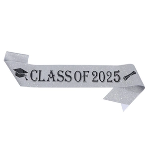 Detail of silver glitter Class of 2025 graduation sash with black lettering and icons